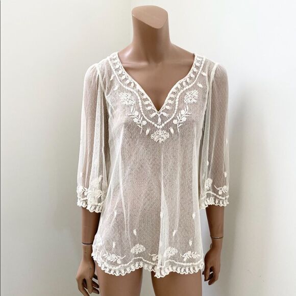 SUNDANCE ivory embroidered mesh sheer top XS - Picture 2 of 8